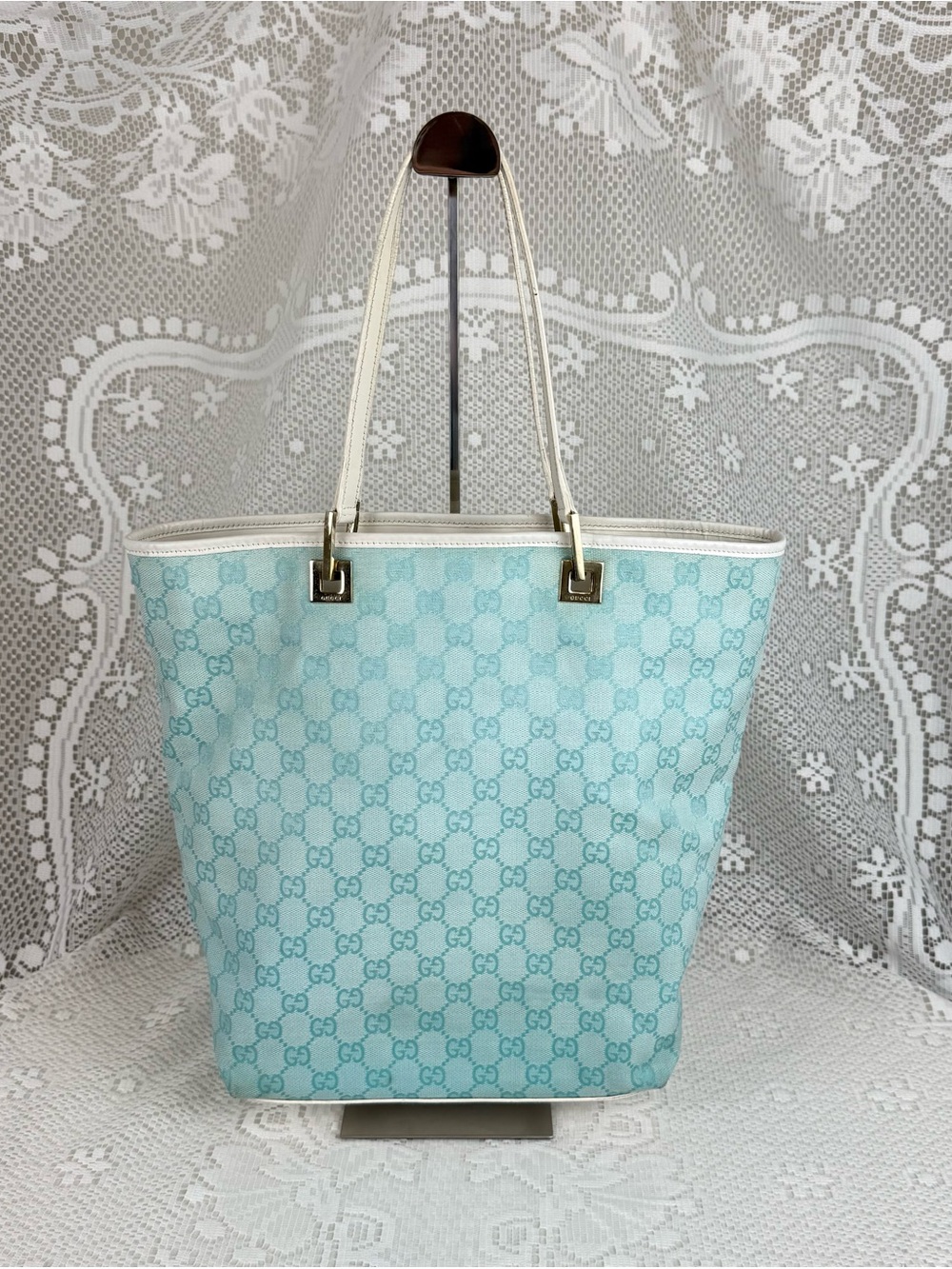 Gucci Pale Blue GG Canvas Tote with White Trim